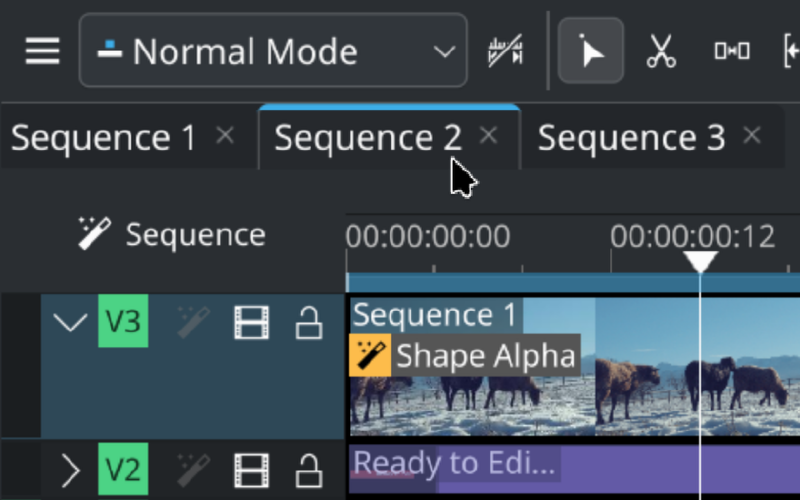 Screenshot of multiple sequence tabs in Kdenlive