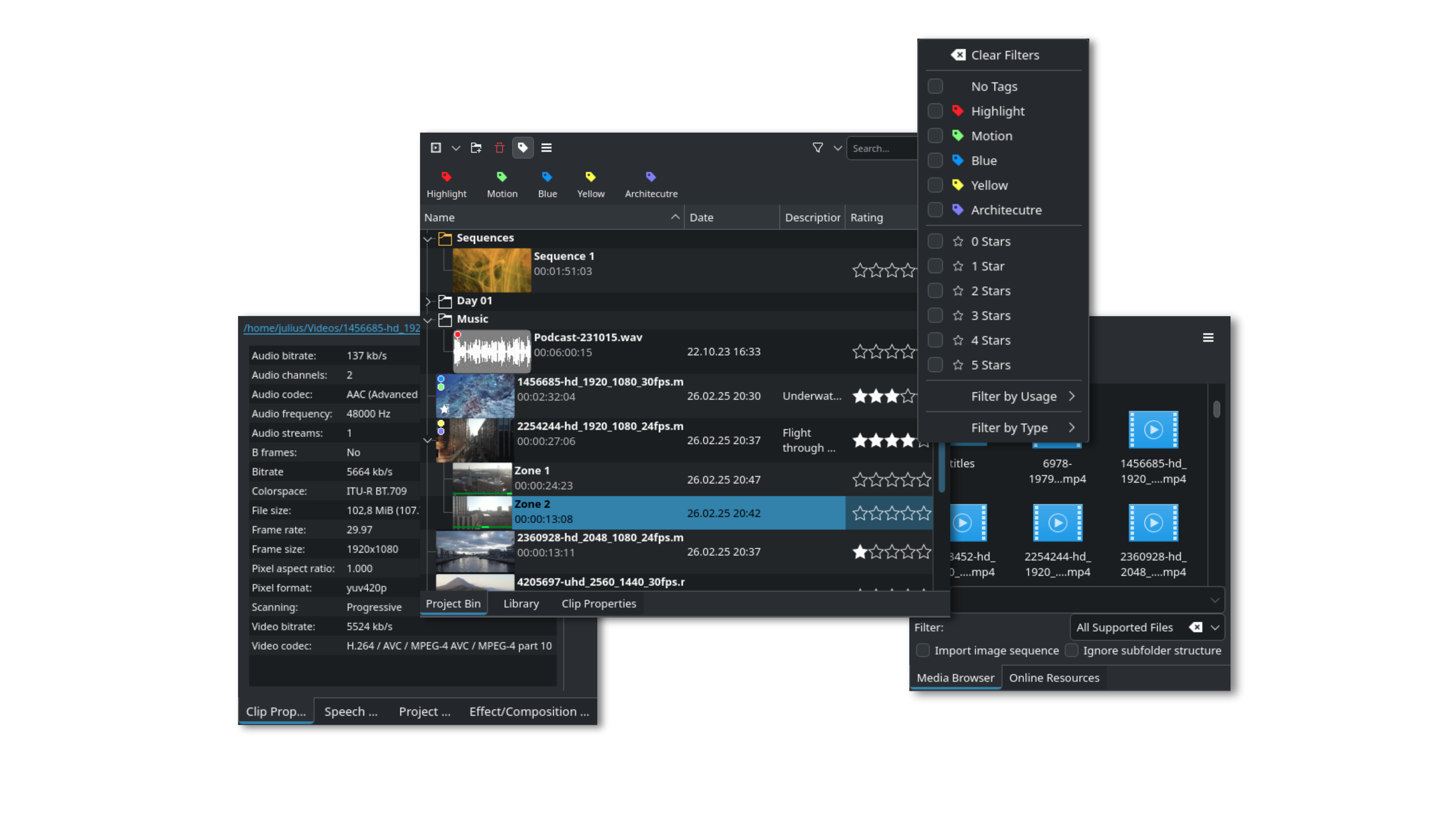 Screenshots collage of Kdenlive widgets related to asset management.