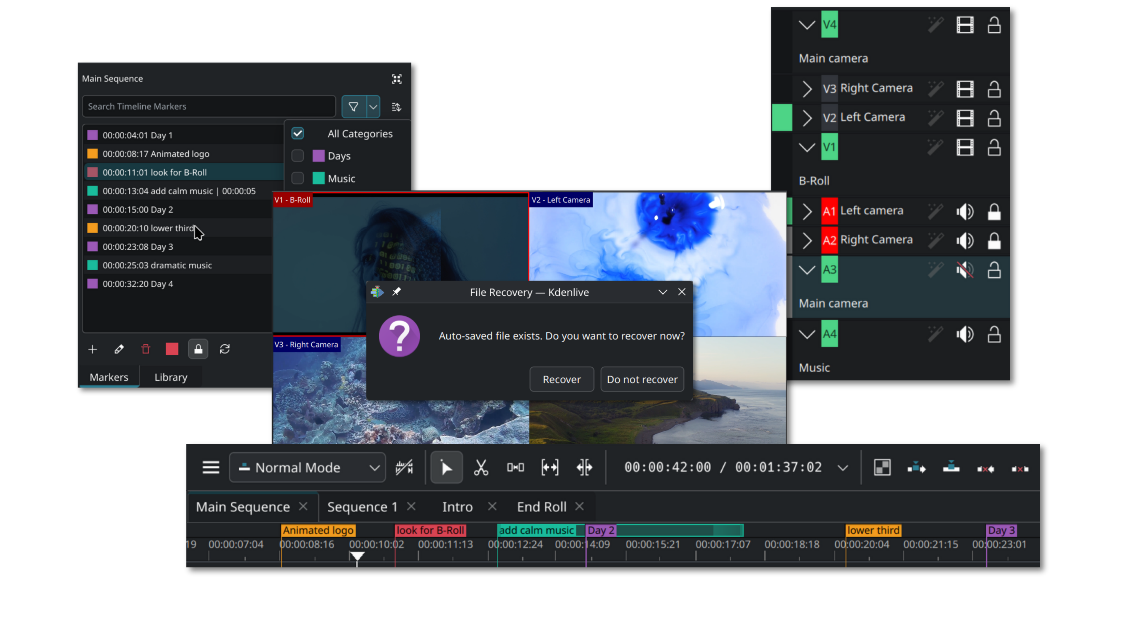 Screenshots collage of Kdenlive widgets related to timeline ediding.