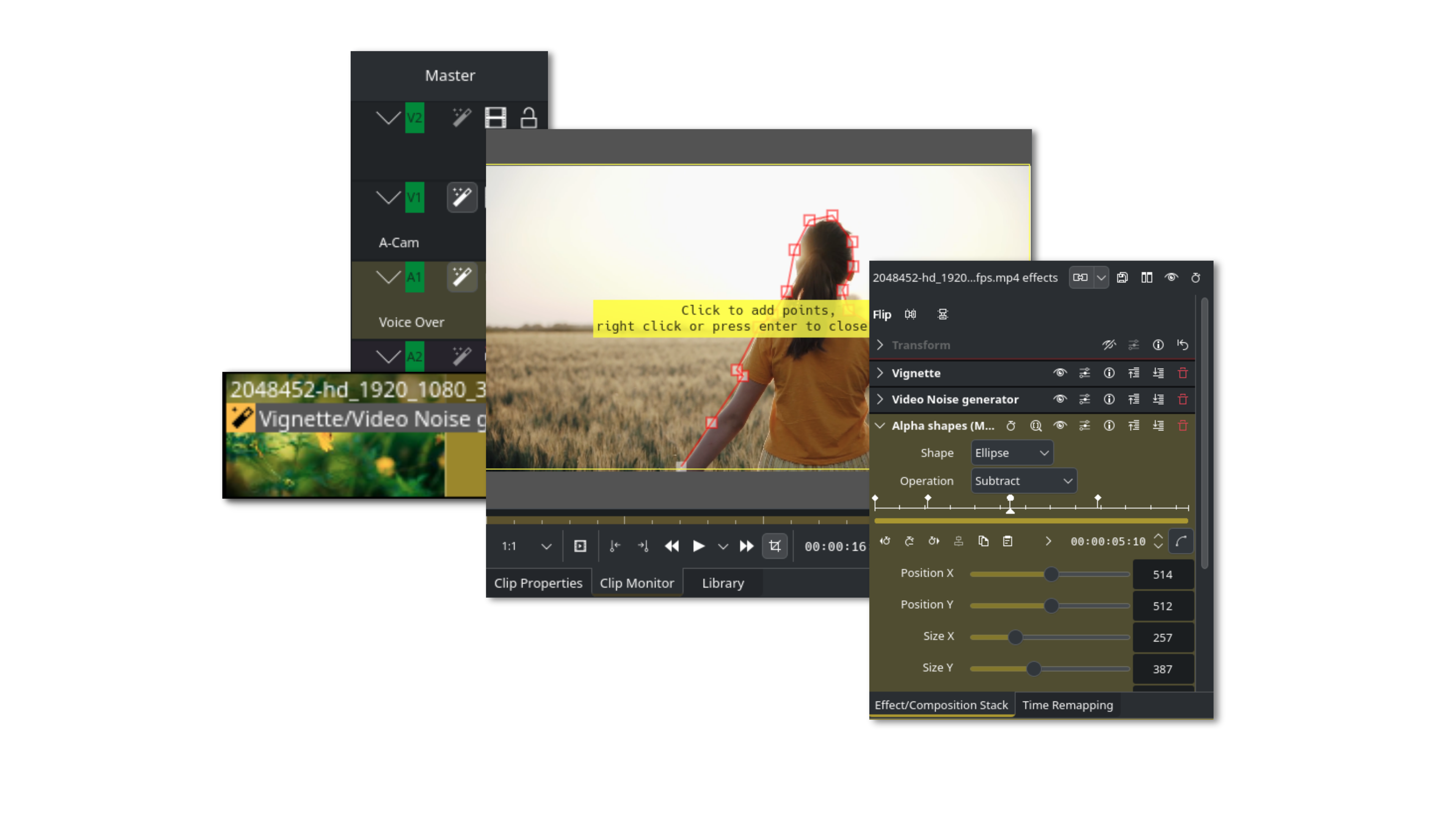 Screenshots collage of Kdenlive widgets related to effects and transitions.