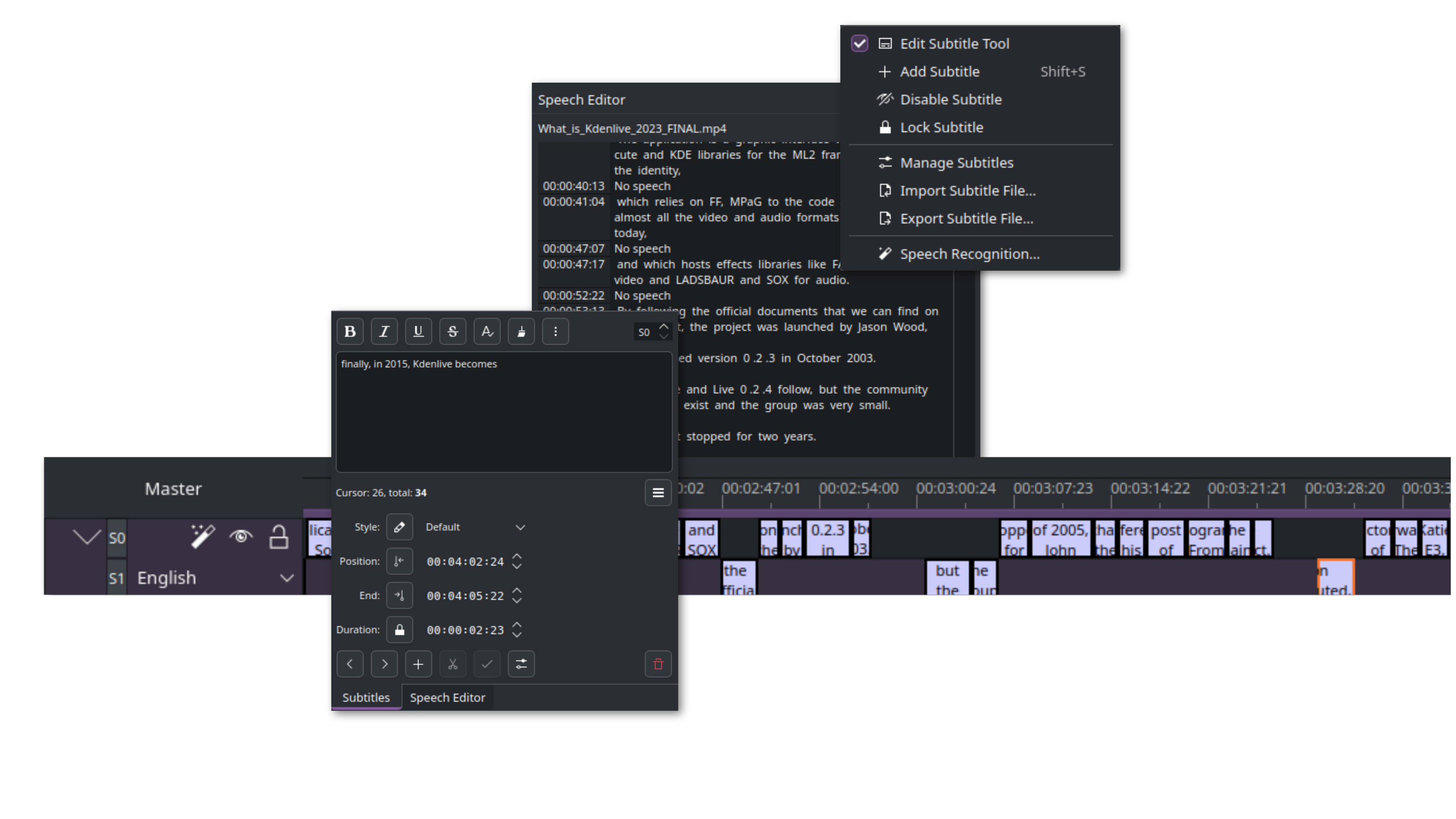 Screenshots collage of Kdenlive widgets related to subtitles and text on videos.
