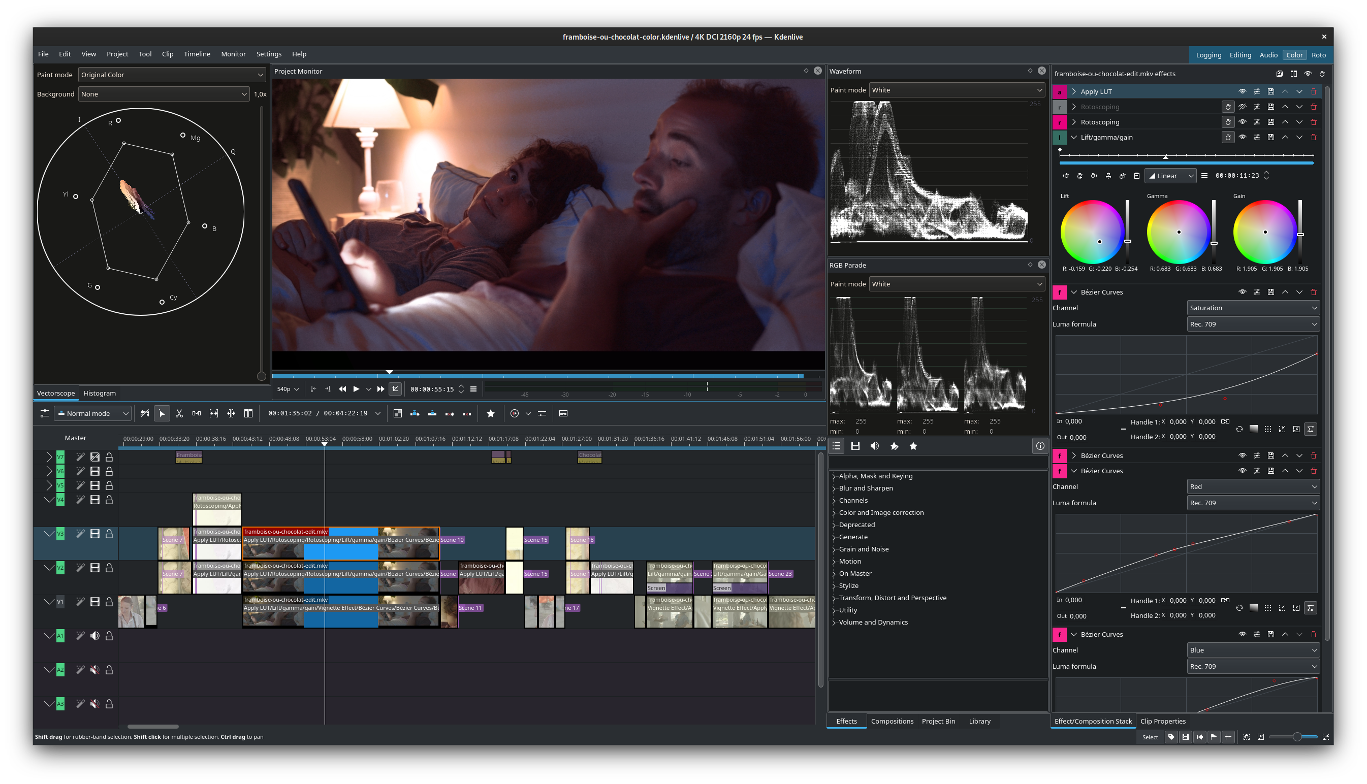 Screenshot of Kdenlive used to edit Framboise ou chocolat, by François Téchené Screenshot of Kdenlive used to edit Framboise ou chocolat, by François Téchené